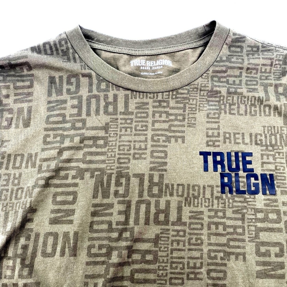 True Religion Brand Jeans All Over Logo T Shirt Kalamata Green XLarge Mens